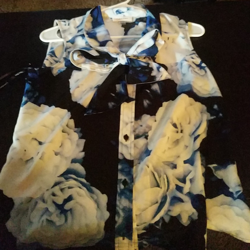 Blue and white sleeveless V neck